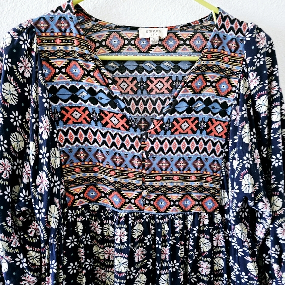 Umgee floral mini dress size M boho southwestern tunic flowy blue orange - Picture 3 of 9